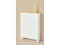 Meuble de rangement blanc étroit sur roulettes avec plateau en bois et diffuseur à bâtonnets.