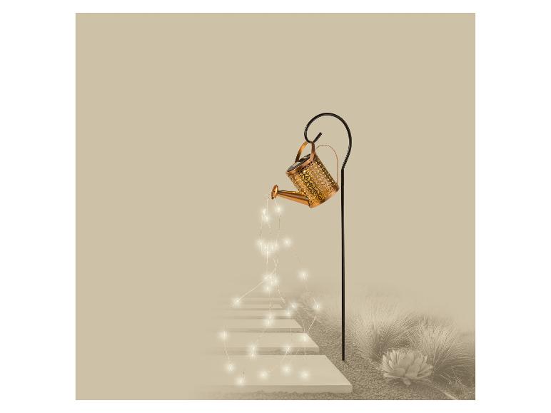 Decoratieve gieter met LED-lampjes die een tuinpad verlichten.