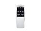 Witte afstandsbediening met zwarte knoppen voor ventilator-, modus-, timer- en stroombediening.
