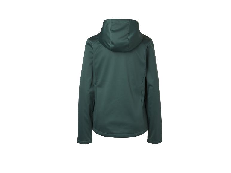 Een donkergroen softshell jack met capuchon, achterkant.