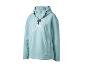 Lichtblauwe fleece hoodie met capuchon en zwarte trekkoorden.