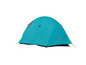 Een blauwe tent met een oranje logo.