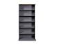 Grijze boekenkast met houten blad.