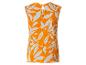 Robe orange sans manches avec imprimé feuilles blanches et ouverture au dos.