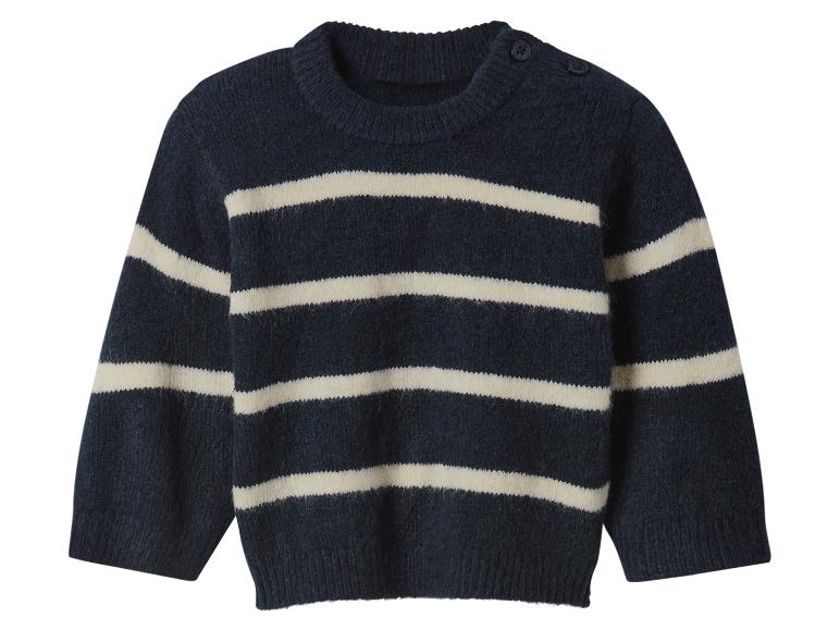 Pull en tricot rayé bleu foncé et crème avec des boutons sur l'épaule