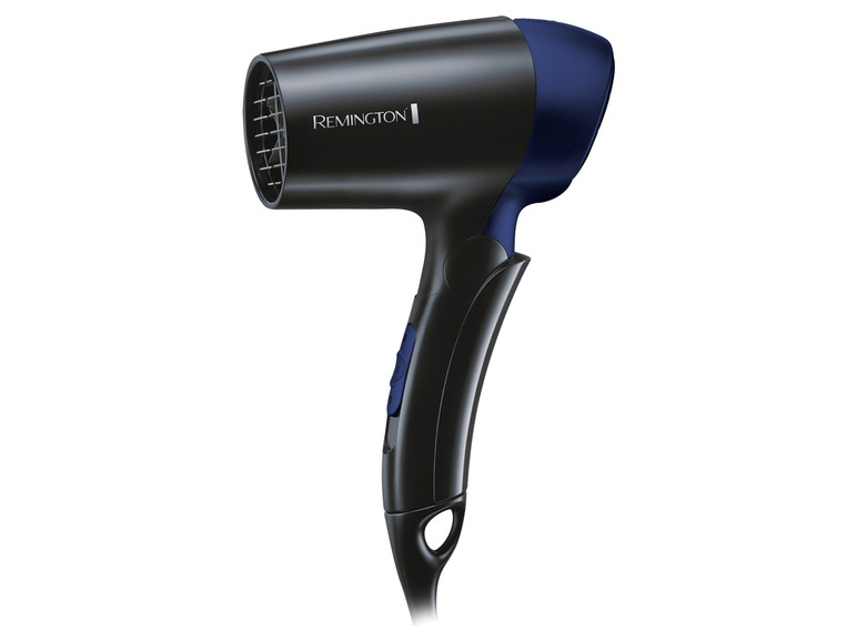 Een zwarte haardroger van Remington met blauwe accenten.