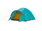 Een turquoise tent met gele details.