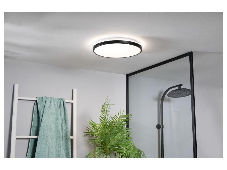 Luminaire de plafond moderne noir dans une salle de bain élégante.
