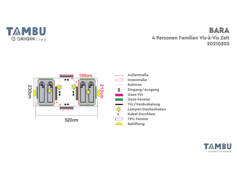 Plan d'une tente familiale Tambu Bara pour 4 personnes avec entrée opposée.