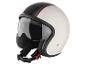 Casque de moto blanc avec bande noire et rouge, visière transparente et doublure noire.