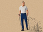 Un homme avec des bâtons de randonnée et un pantalon bleu dans un paysage montagneux.