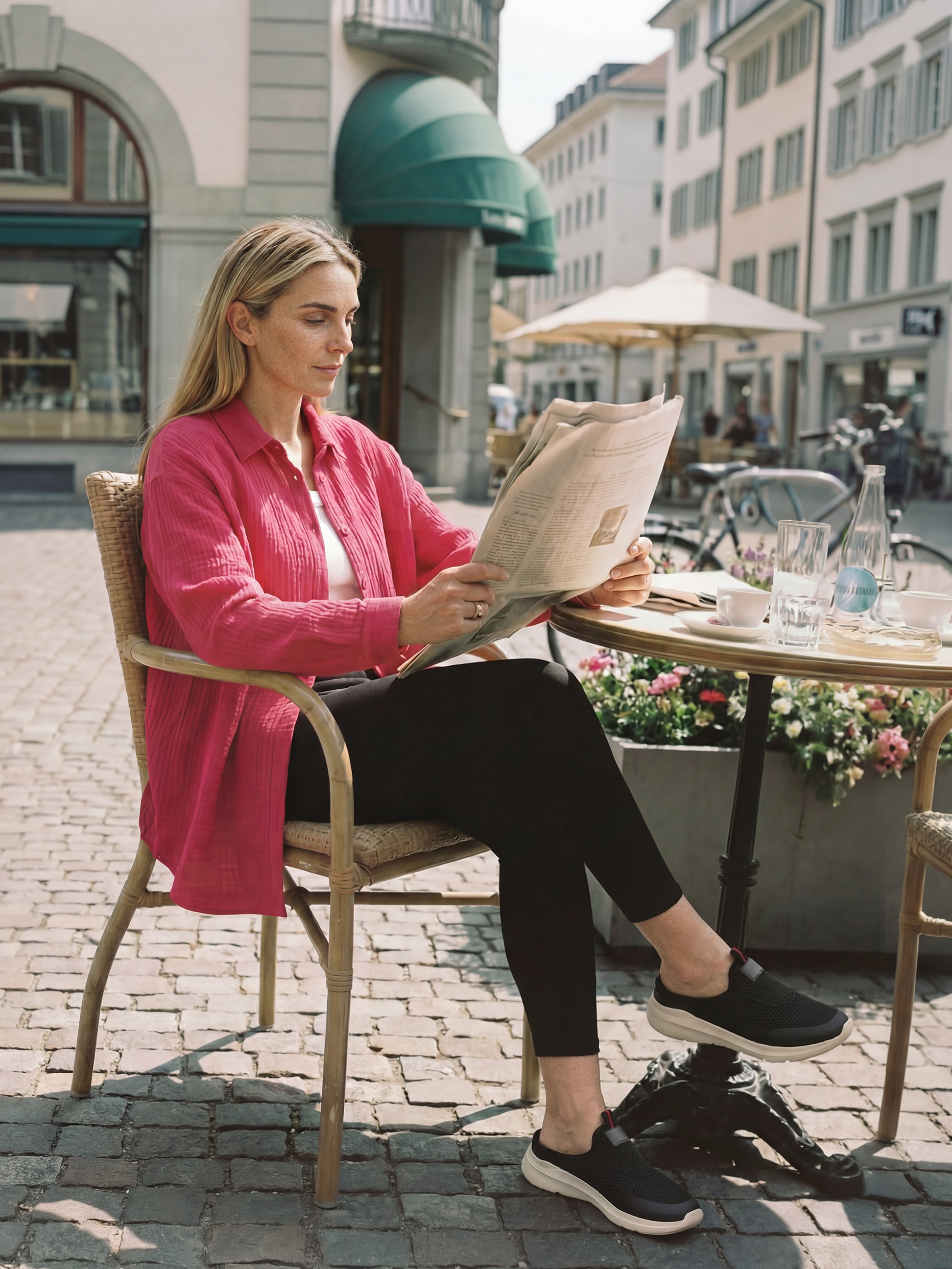 Vrouw leest krant aan cafétafel, draagt roze overhemd en zwarte schoenen.