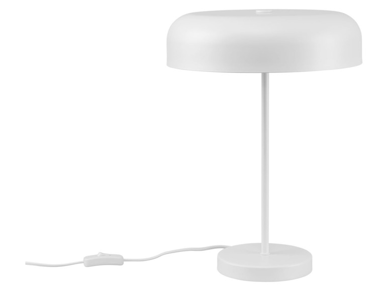 Une lampe de table blanche avec un abat-jour rond.