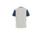 Heren T-shirt met korte mouwen in lichtgrijs met marineblauwe raglanmouwen, achteraanzicht.