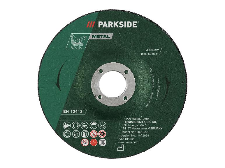 Parkside doorslijpschijf voor metaal, 125 mm, met specificaties en fabrikantinformatie.