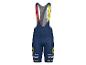Donkerblauwe fietsbroek met rode en gele bretels.