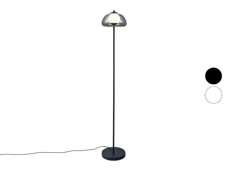 Lampadaire noir avec abat-jour en verre fumé, avec options de couleur noir et blanc.