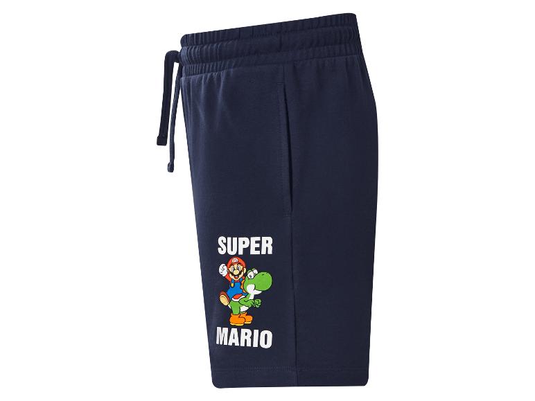Donkerblauwe shorts met videospelkarakterprint en de tekst 'SUPER MARIO'