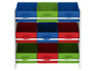 Étagère blanche avec paniers de rangement colorés.