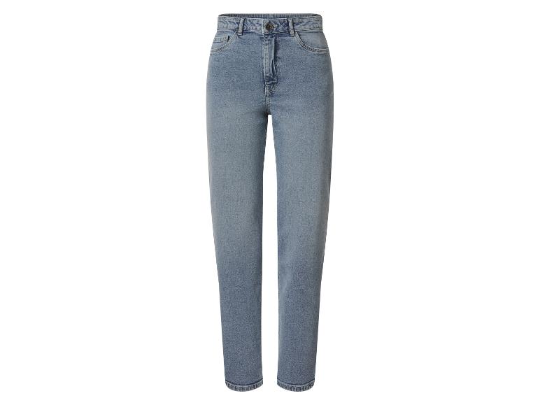 Jean bleu clair pour femme, coupe droite et taille haute.