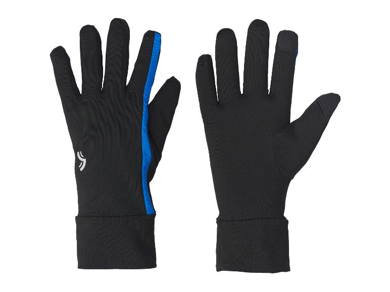 Une paire de gants noirs et bleus compatibles avec les écrans tactiles.