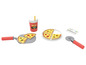 Pizza, une boisson, un coupe-pizza et une carte de crédit.