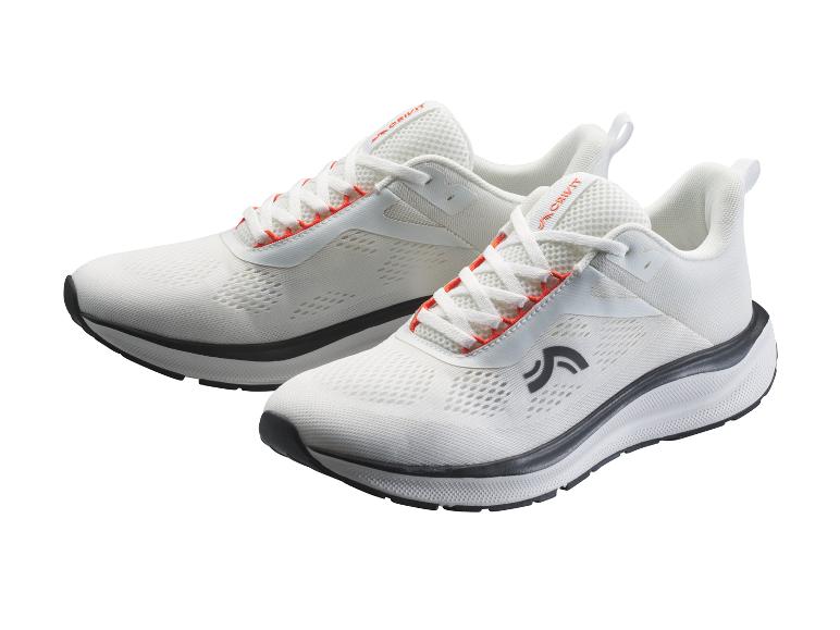 Paire de chaussures de sport blanches et oranges avec semelles noires.