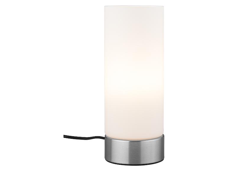 Tafellamp met cilindrische witte kap en metalen voet