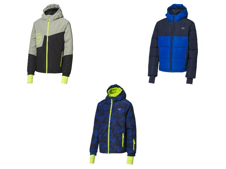 Drie Crivit ski-jassen: één grijs en zwart, één blauw en één blauw camouflage.