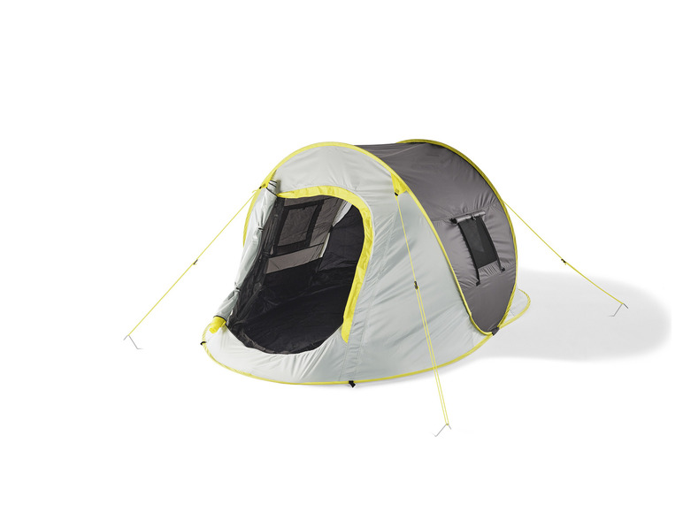 Een grijze pop-up tent met gele details.