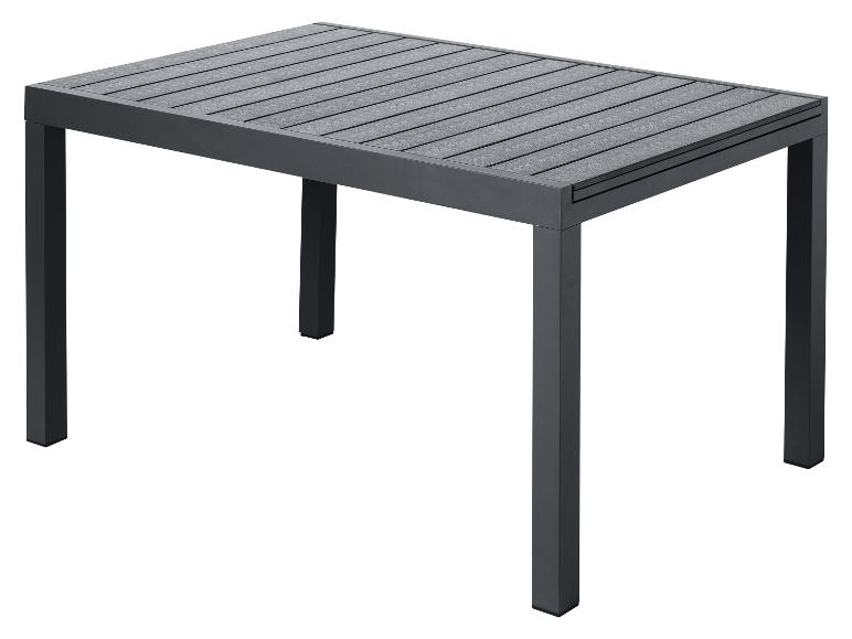 Donkergrijze tuintafel met een lattenblad en een metalen frame.
