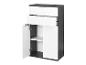 Modern meubilair: Stijlvolle hoge commode in grijs en wit met twee laden en deuren.