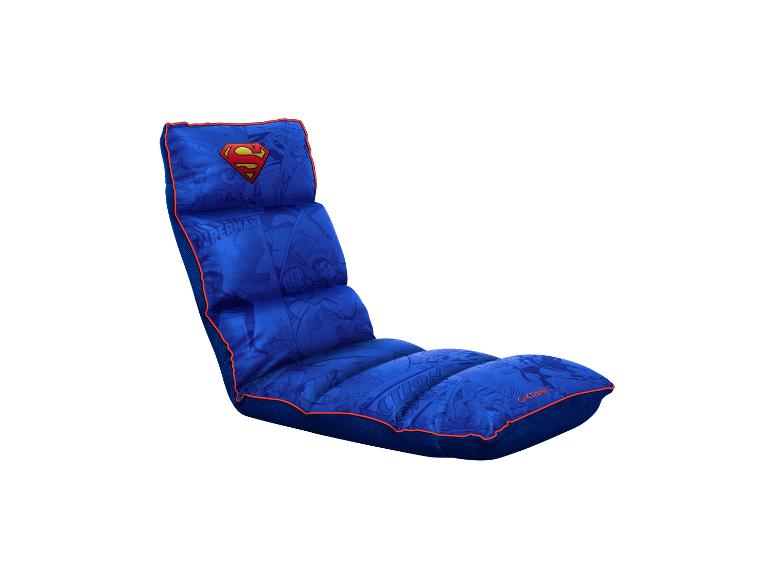 Chaise de sol bleue avec motif de bande dessinée et logo de super-héros.