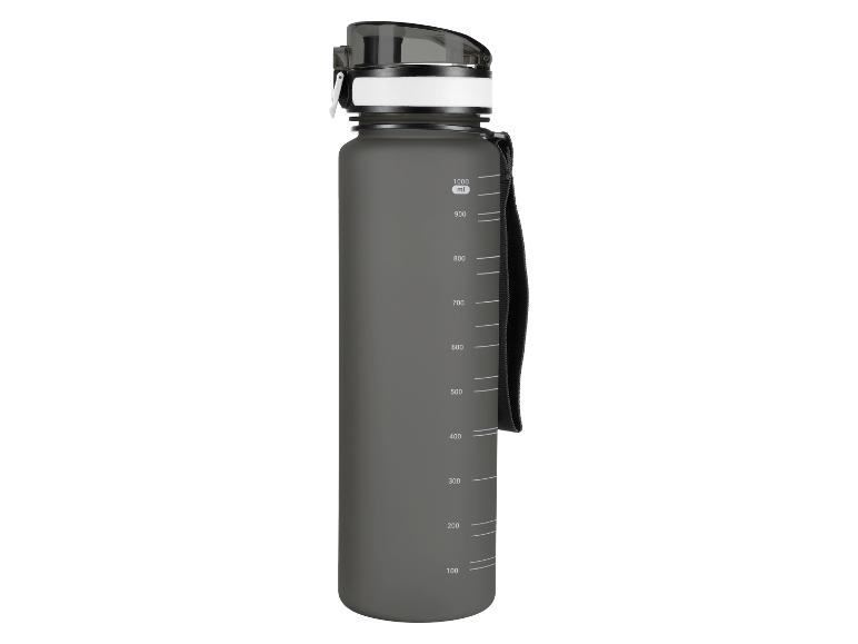 Bouteille d'eau gris foncé avec échelle de mesure de 1000 ml et sangle noire