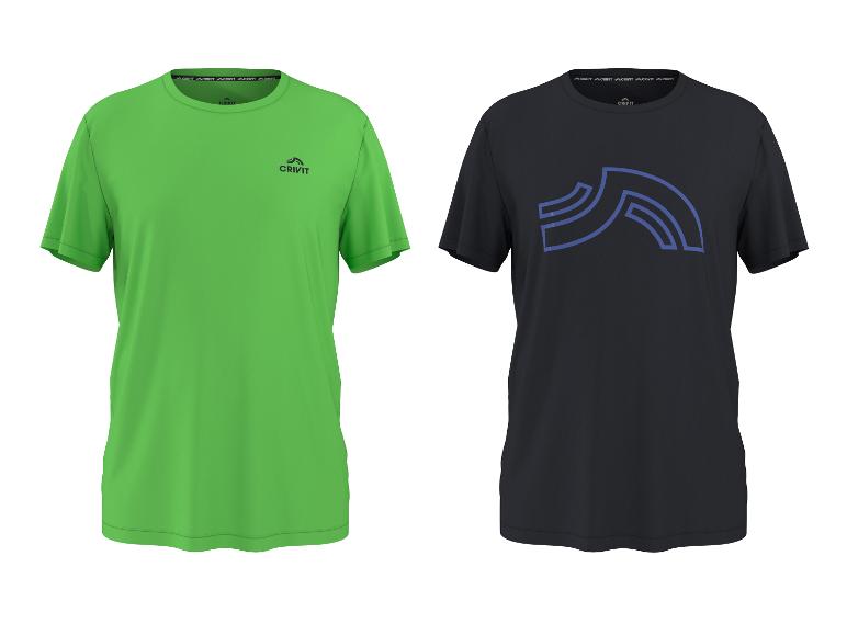 Deux t-shirts de sport à manches courtes, un vert et un noir avec un imprimé bleu.