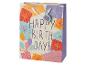 Sac cadeau d'anniversaire avec motifs de cadeaux et ballons, avec le texte 'HAPPY BIRTHDAY!'