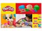 Play-Doh : logo, pâte à modeler colorée, et un enfant jouant avec un chiot Play-Doh.