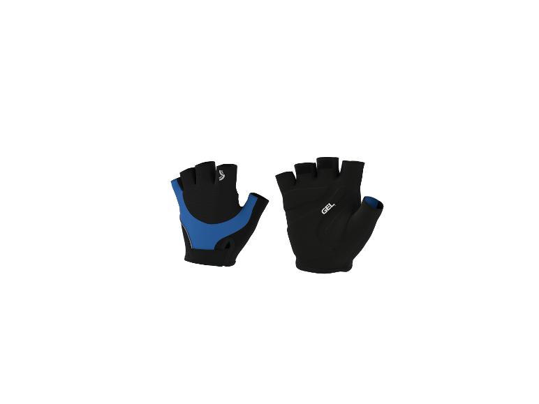 Paar zwarte en blauwe vingerloze fietshandschoenen met gelvulling.