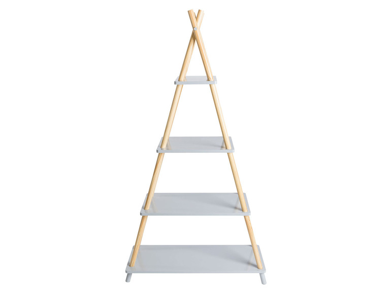 Étagère grise avec pieds en bois en forme de A.