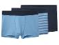 Drie herenboxershorts: lichtblauw, gestreept en donkerblauw