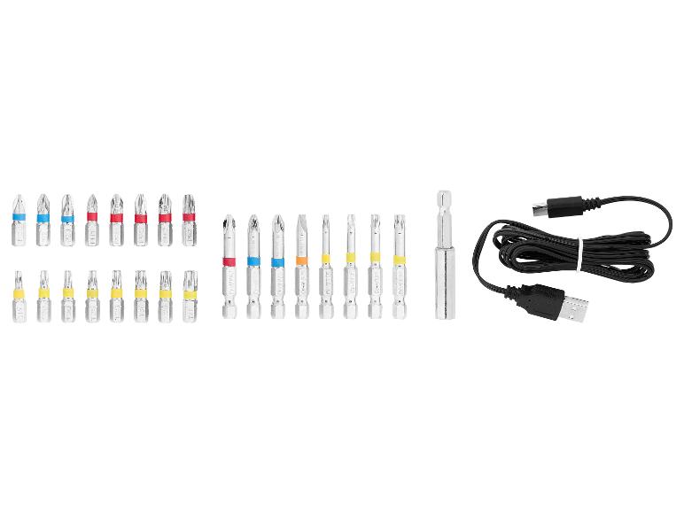 Schroevendraaierbitset met diverse tips en een USB-kabel