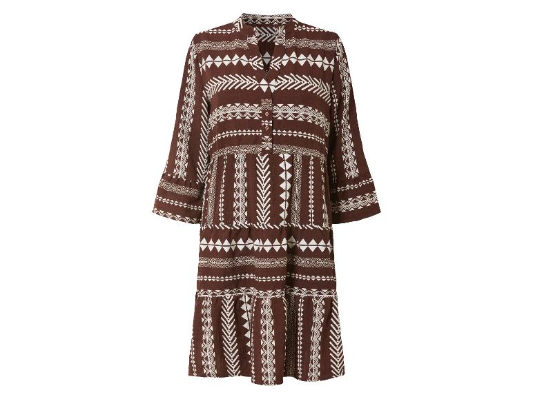 Lange bruine jurk met etnische geometrische print.