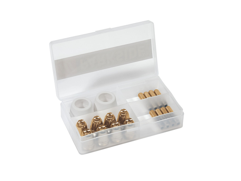 Een doos met spuitmonden en spuitpistoolonderdelen.
