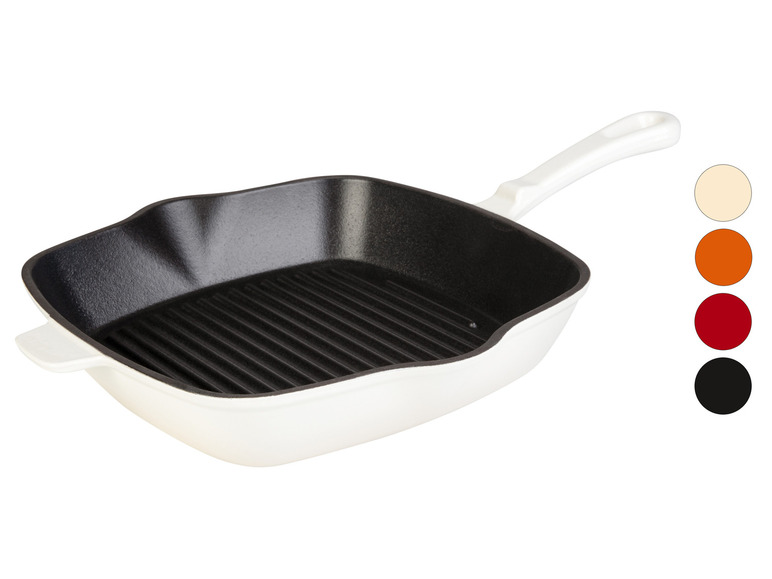 Une poêle grill en fonte blanche avec une finition émaillée.
