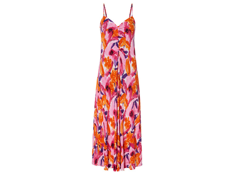 Een roze maxi-jurk met bloemenprint.