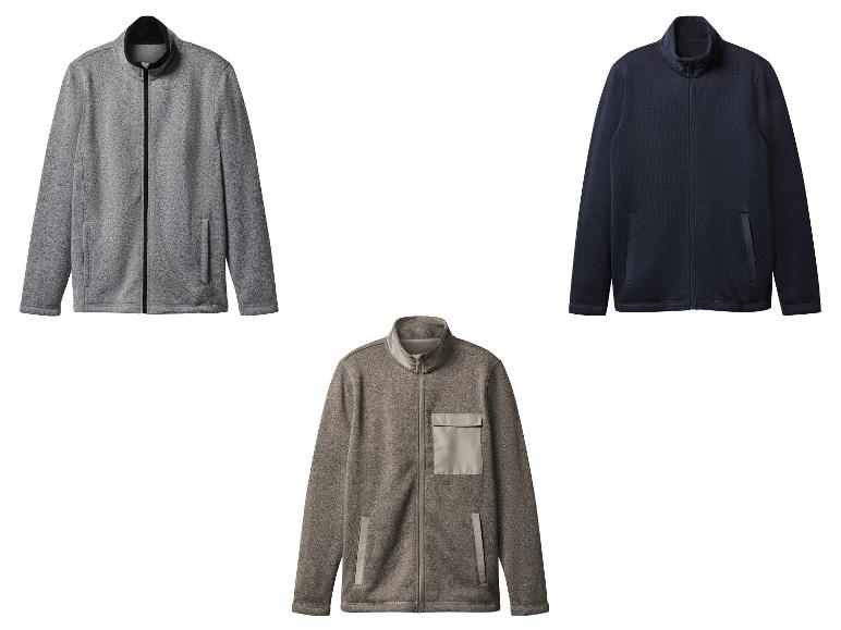 Drie heren fleecevesten in grijs, marineblauw en bruin.