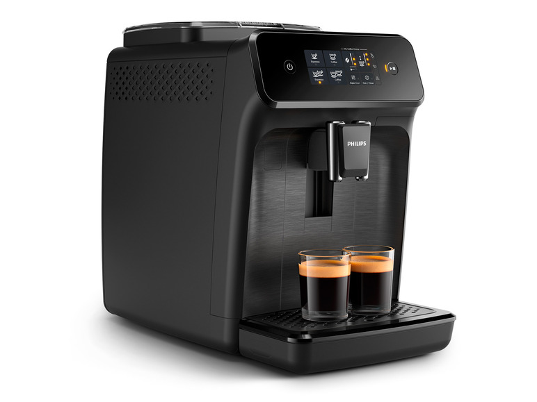 Een zwarte Philips koffiemachine met twee kopjes espresso.