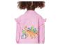 Roze kinderjeansjack met dinosaurus- en tropische bladerenprint op de rug.