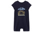 Een donkerblauwe romper met een zonnetje en de tekst 'Let it shine today'.