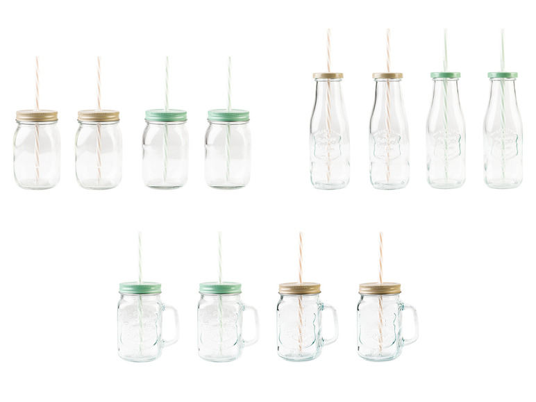 Verres à boire en verre avec des pailles et des couvercles dans différents styles.